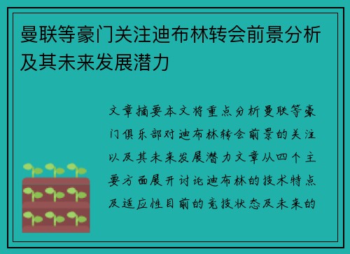 曼联等豪门关注迪布林转会前景分析及其未来发展潜力