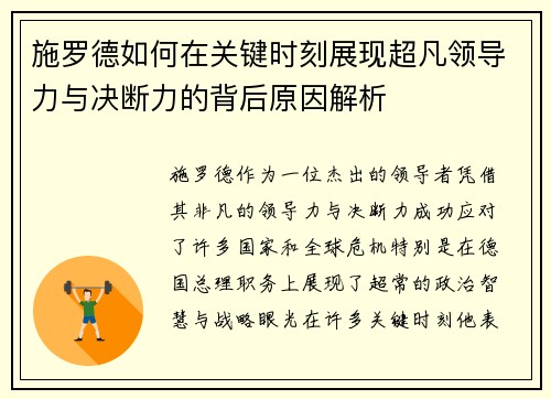 施罗德如何在关键时刻展现超凡领导力与决断力的背后原因解析